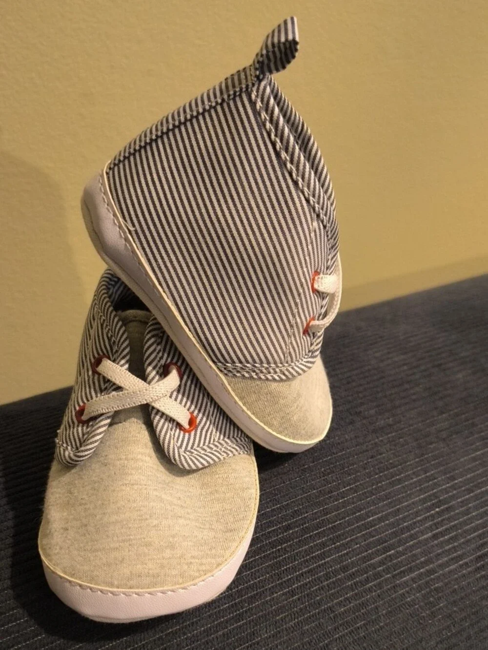 child of mine Gray & Navy Striped Baby Walker Shoes with Orange Eyelets